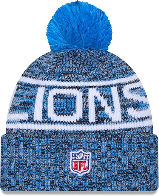 New Era NFL 2025 Sideline Cold Weather Cuffed Knit Hat with Pom (CA/US, Alpha, One Size, Blue, Detroit Lions)