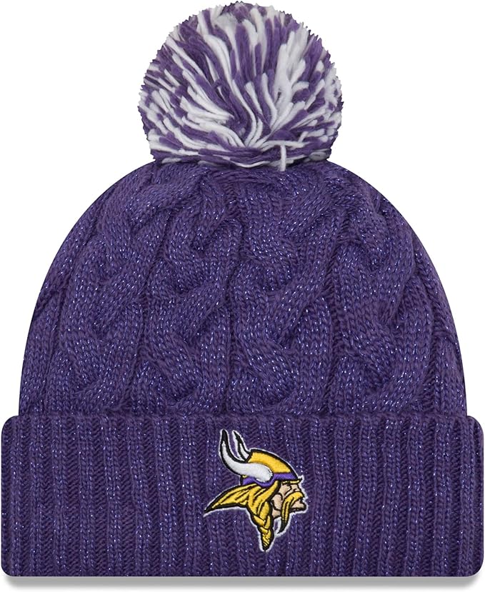 New Era Women's NFL Official Cozy Cable Knit Cuff Pom Beanie Hat, Minnesota Vikings - Purple, One Size