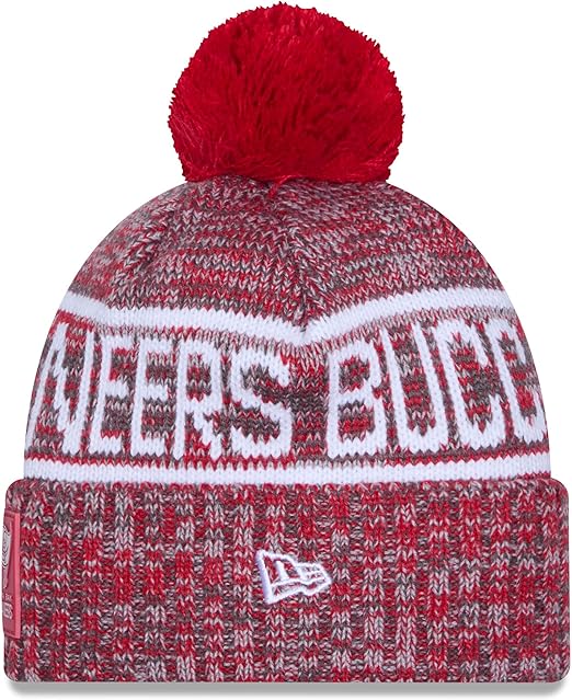 New Era NFL 2025 Sideline Cold Weather Cuffed Knit Hat with Pom (CA/US, Alpha, One Size, Red, Tampa Bay Buccaneers)
