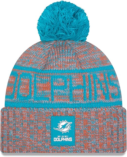 New Era NFL 2025 Sideline Cold Weather Cuffed Knit Hat with Pom (CA/US, Alpha, One Size, Orange, Miami Dolphins)