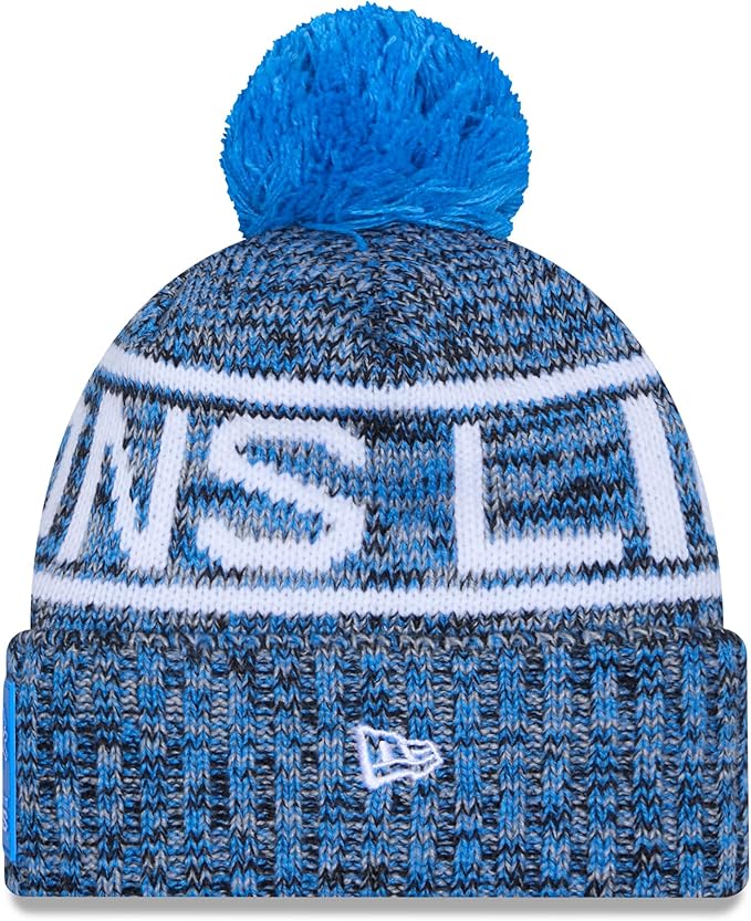 New Era NFL 2025 Sideline Cold Weather Cuffed Knit Hat with Pom (CA/US, Alpha, One Size, Blue, Detroit Lions)