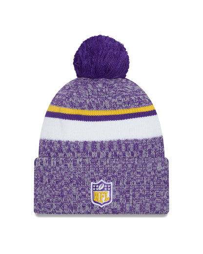 New Era Minnesota Vikings 2023 Sideline Cuffed Knit Hat with Pom - Purple