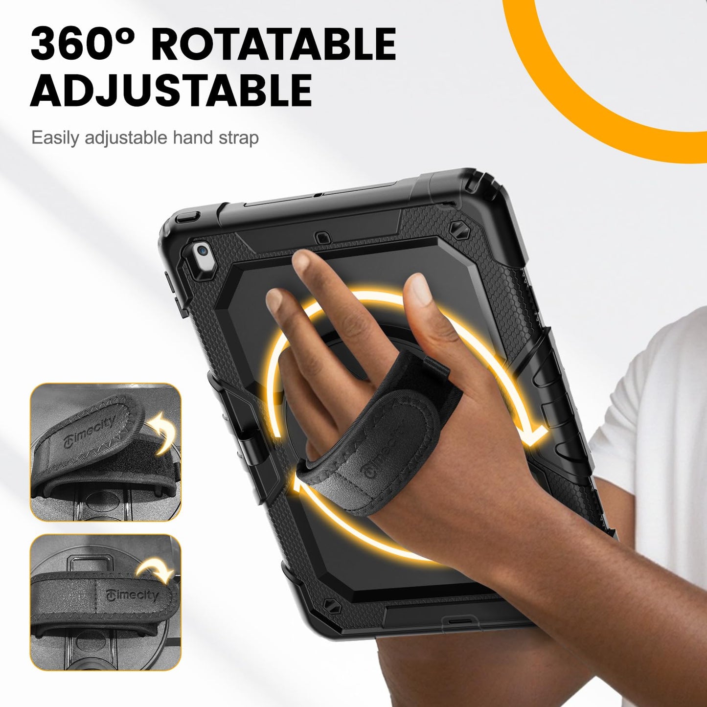 Timecity Case for iPad 7th/8th/9th/10th/11th Generation with Screen Protector, Full-Body Protection Case with 360 Rotating Stand & Soft Hand/Shoulder Strap/Pencil Holder