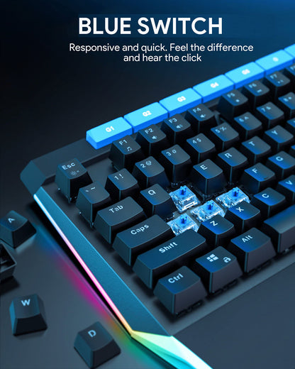 DSF Mechanical Keyboard with Rainbow Backlit & RGB LED Side Light Blue Switches 112keys Volume Control Button,RGB Lighting Programmable Macros Gaming for PC Gamer Computer Desktop (Black), KM-G17
