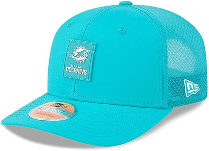 New Era 9SEVENTY NFL 2025 Sideline Trucker Adjustable Snapback Hat (CA/US, Alpha, One Size, Aqua, Miami Dolphins)