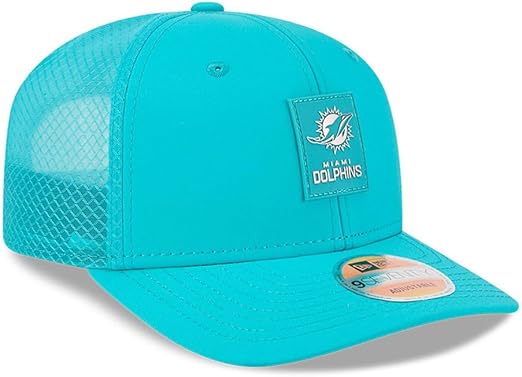 New Era 9SEVENTY NFL 2025 Sideline Trucker Adjustable Snapback Hat (CA/US, Alpha, One Size, Aqua, Miami Dolphins)
