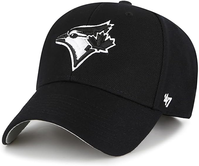 47 Brand MLB Black Whiteout Primary Logo MVP Adjustable Structure Baseball Cap Hat, Adult One Size Fits All, Toronto Blue Jays - Black, One Size