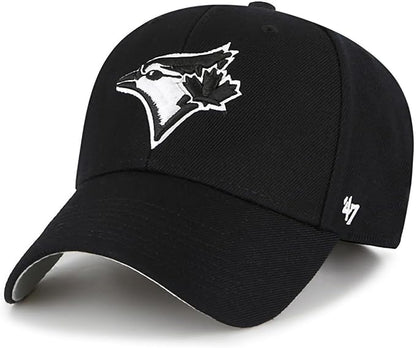 47 Brand MLB Black Whiteout Primary Logo MVP Adjustable Structure Baseball Cap Hat, Adult One Size Fits All, Toronto Blue Jays - Black, One Size