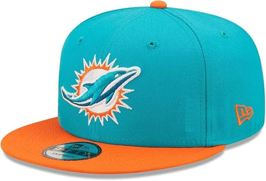 New Era NFL 9FIFTY 2-Tone Snapback Team Color Adjustable Hat Cap One Size, Miami Dolphins - Aqua/Orange, One Size
