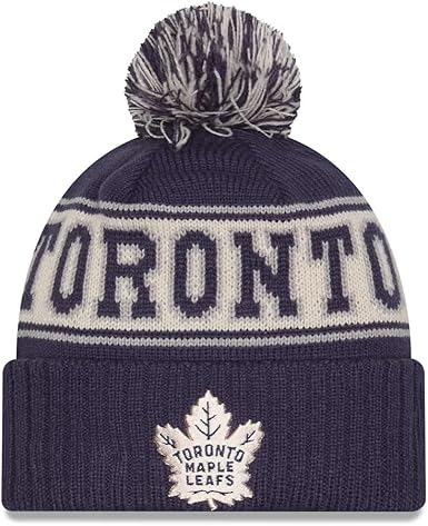 New Era NHL Unisex-Adult Primary Logo Retro Pom Cuffed Knit Fleece Lined Cold Weather Beanie Hat, Toronto Maple Leafs - Blue, One Size