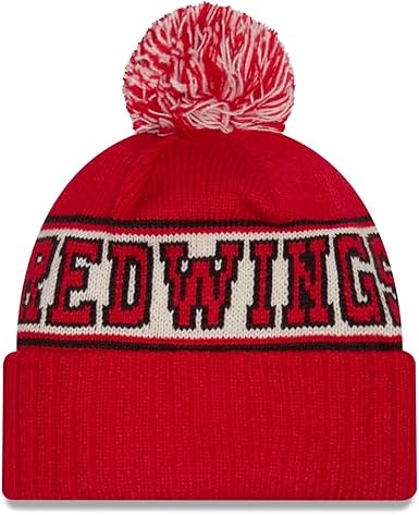 New Era NHL Unisex-Adult Primary Logo Retro Pom Cuffed Knit Fleece Lined Cold Weather Beanie Hat, Detroit Red Wings - Red, One Size