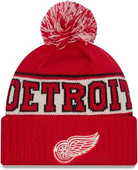 New Era NHL Unisex-Adult Primary Logo Retro Pom Cuffed Knit Fleece Lined Cold Weather Beanie Hat, Detroit Red Wings - Red, One Size