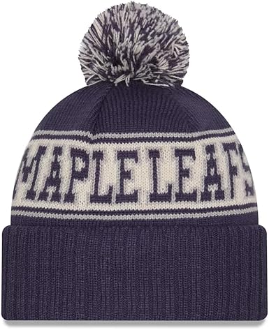New Era NHL Unisex-Adult Primary Logo Retro Pom Cuffed Knit Fleece Lined Cold Weather Beanie Hat, Toronto Maple Leafs - Blue, One Size