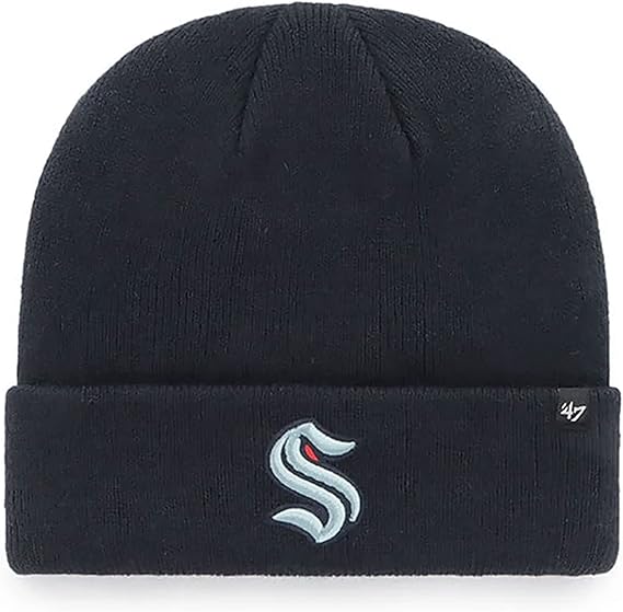 '47 Seattle Kraken Mens Womens Raised Cuff Knit Stretch Fit Navy Light Blue Logo Beanie, One Size, Navy, One Size