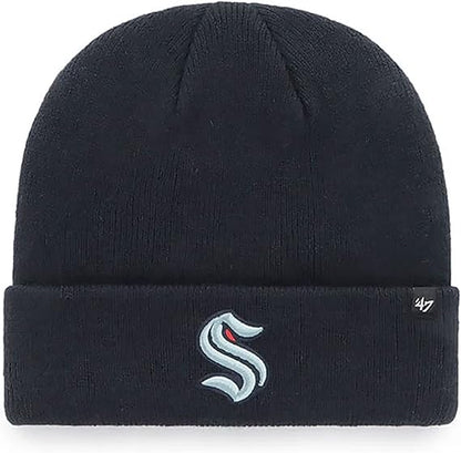 '47 Seattle Kraken Mens Womens Raised Cuff Knit Stretch Fit Navy Light Blue Logo Beanie, One Size, Navy, One Size
