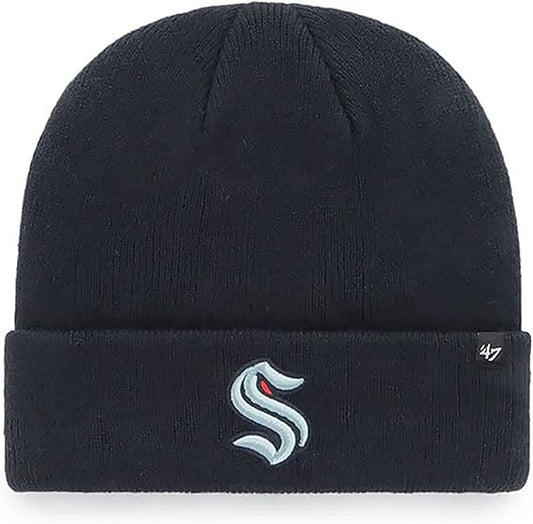'47 Seattle Kraken Mens Womens Raised Cuff Knit Stretch Fit Navy Light Blue Logo Beanie, One Size, Navy, One Size