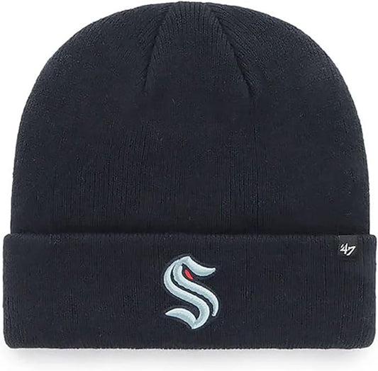 '47 Seattle Kraken Mens Womens Raised Cuff Knit Stretch Fit Navy Light Blue Logo Beanie, One Size, Navy, One Size