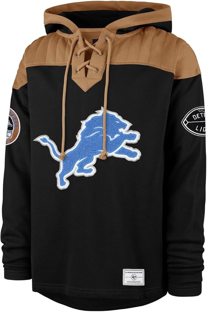 47 NFL Detroit Golden Age Winbgback Lacer Hoodie - Black/Tan Brown (CA/US, Alpha, Medium, Regular, Regular, Black)