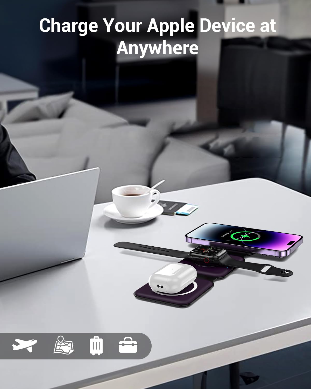 Wireless Charger, Magnetic Foldable 3 in 1 Wireless Charger, Fast Travel Wireless Charging Station for iPhone 15/14/13/12/ Series,for iWatch,for AirPods (Adapter Included)
