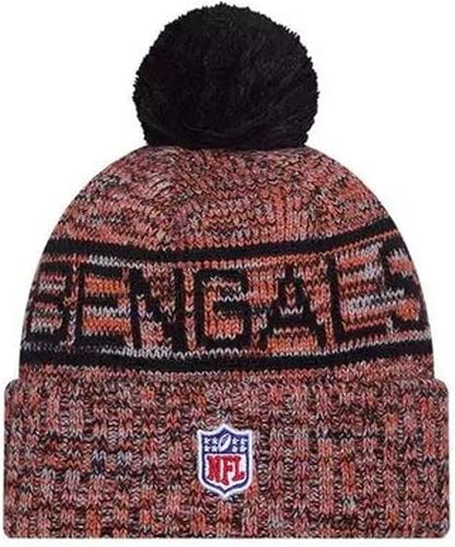 New Era NFL 2025 Sideline Cold Weather Cuffed Knit Hat with Pom (CA/US, Alpha, One Size, Black/Orange, Cincinnati Bengals)