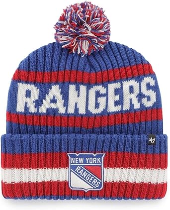 47 NHL Unisex-Adult Team Color Officially Licensed Primary Logo Bering Sport Knit Cuffed Pom Beanie Cold Weather Hat - New York Rangers Blue, New York Rangers - Blue, One Size