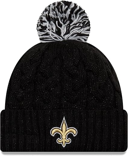 New Era Women's NFL Official Cozy Cable Knit Cuff Pom Beanie Hat, New Orleans Saints, One Size
