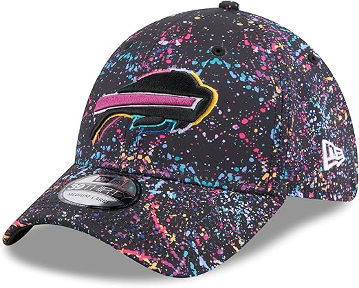 New Era 39THIRTY NFL 2025 Buffalo Bills Crucial Catch Intercept Cancer Paint Splatter Stretch Fit Hat - Black (CA/US, Alpha, One Size, Small/Medium, Black)