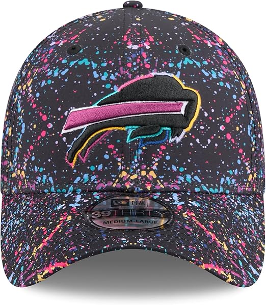 New Era 39THIRTY NFL 2025 Buffalo Bills Crucial Catch Intercept Cancer Paint Splatter Stretch Fit Hat - Black (CA/US, Alpha, One Size, Small/Medium, Black)