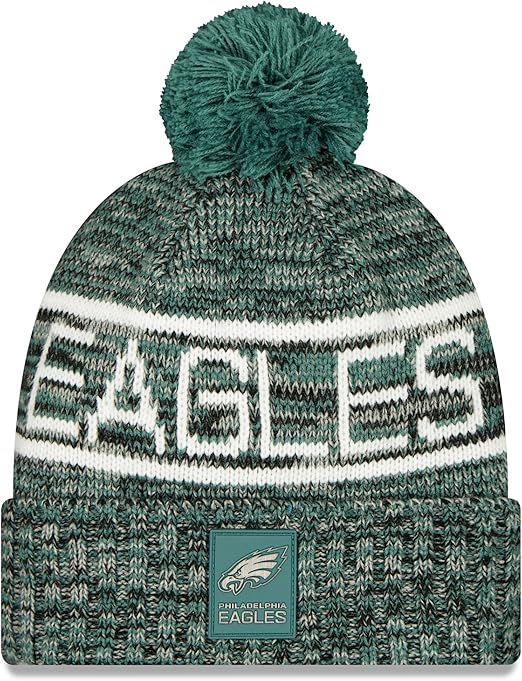 New Era NFL 2025 Sideline Cold Weather Cuffed Knit Hat with Pom (CA/US, Alpha, One Size, Green, Philadelphia Eagles)