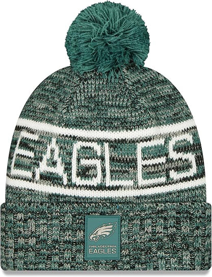New Era NFL 2025 Sideline Cold Weather Cuffed Knit Hat with Pom (CA/US, Alpha, One Size, Green, Philadelphia Eagles)