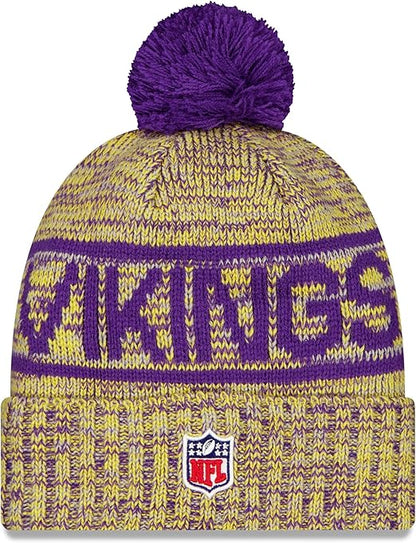 New Era NFL 2025 Sideline Cold Weather Cuffed Knit Hat with Pom (CA/US, Alpha, One Size, Gold, Minnesota Vikings)