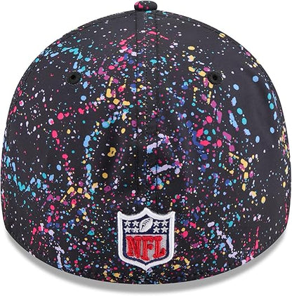 New Era 39THIRTY NFL 2025 Buffalo Bills Crucial Catch Intercept Cancer Paint Splatter Stretch Fit Hat - Black (CA/US, Alpha, One Size, Medium/Large, Black)