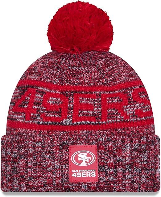 New Era NFL 2025 Sideline Cold Weather Cuffed Knit Hat with Pom (CA/US, Alpha, One Size, Scarlet, San Francisco 49ers)