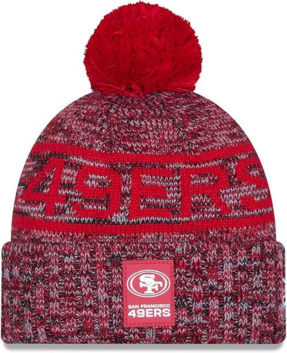 New Era NFL 2025 Sideline Cold Weather Cuffed Knit Hat with Pom (CA/US, Alpha, One Size, Scarlet, San Francisco 49ers)