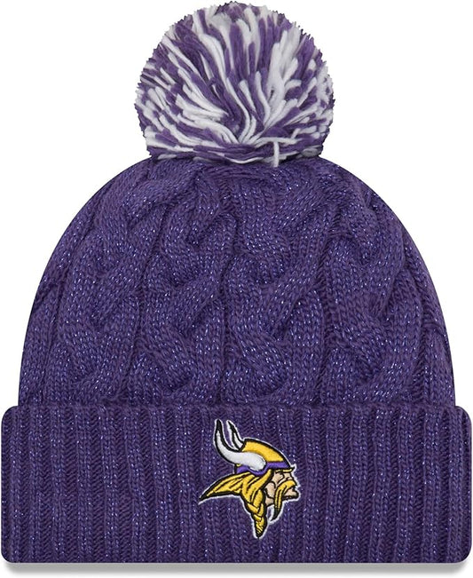 New Era Women's NFL Official Cozy Cable Knit Cuff Pom Beanie Hat, Minnesota Vikings - Purple, One Size