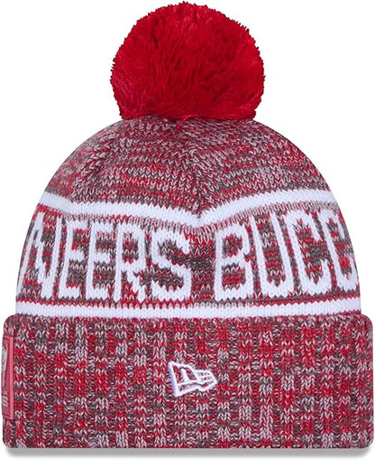 New Era NFL 2025 Sideline Cold Weather Cuffed Knit Hat with Pom (CA/US, Alpha, One Size, Red, Tampa Bay Buccaneers)