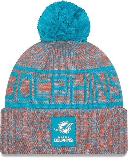 New Era NFL 2025 Sideline Cold Weather Cuffed Knit Hat with Pom (CA/US, Alpha, One Size, Orange, Miami Dolphins)