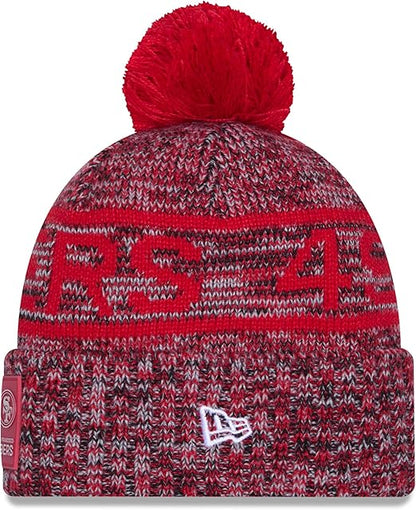 New Era NFL 2025 Sideline Cold Weather Cuffed Knit Hat with Pom (CA/US, Alpha, One Size, Scarlet, San Francisco 49ers)