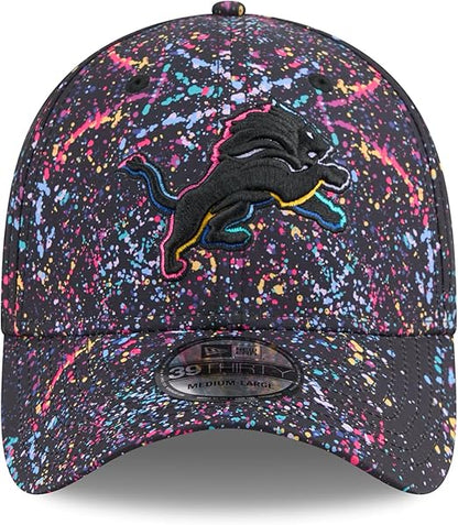 New Era 39THIRTY NFL 2025 Detroit Lions Crucial Catch Intercept Cancer Paint Splatter Stretch Fit Hat - Black (CA/US, Alpha, One Size, Large/X-Large, Black)