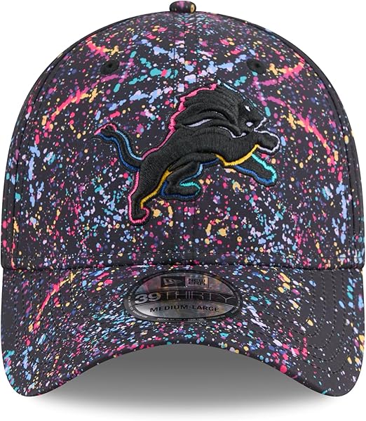 New Era 39THIRTY NFL 2025 Detroit Lions Crucial Catch Intercept Cancer Paint Splatter Stretch Fit Hat - Black (CA/US, Alpha, One Size, Large/X-Large, Black)