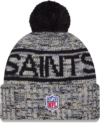 New Era NFL 2025 Sideline Cold Weather Cuffed Knit Hat with Pom (CA/US, Alpha, One Size, Black, New Orleans Saints)