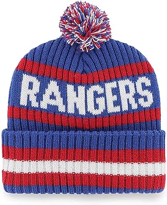 47 NHL Unisex-Adult Team Color Officially Licensed Primary Logo Bering Sport Knit Cuffed Pom Beanie Cold Weather Hat - New York Rangers Blue, New York Rangers - Blue, One Size