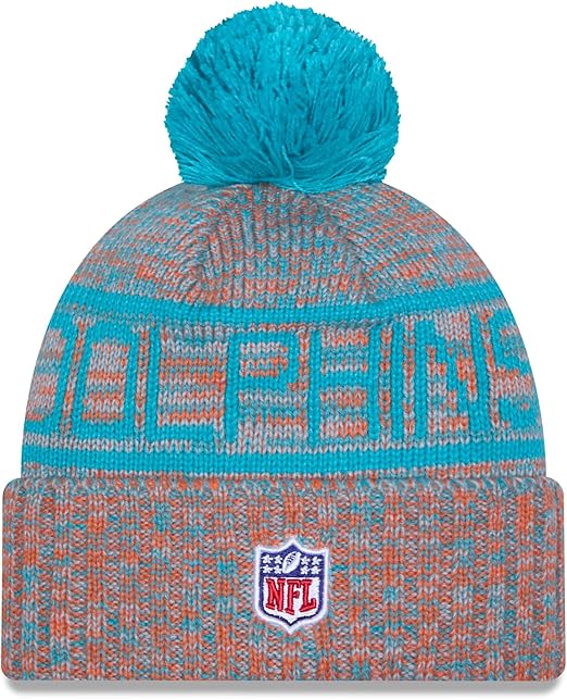 New Era NFL 2025 Sideline Cold Weather Cuffed Knit Hat with Pom (CA/US, Alpha, One Size, Orange, Miami Dolphins)