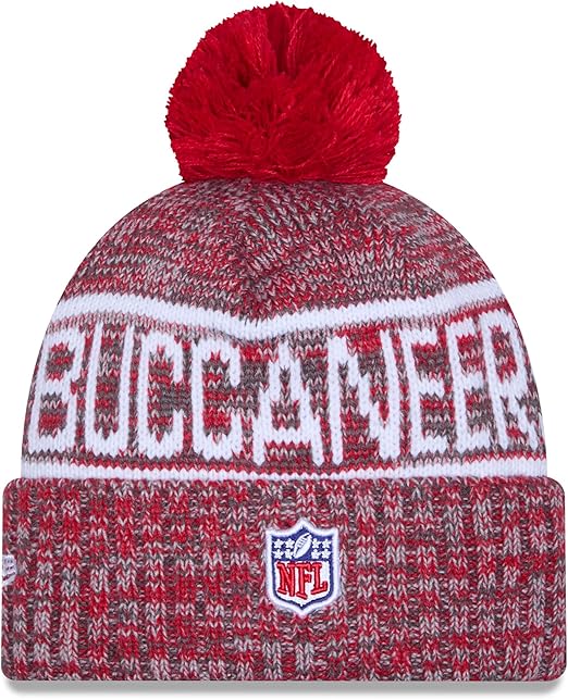 New Era NFL 2025 Sideline Cold Weather Cuffed Knit Hat with Pom (CA/US, Alpha, One Size, Red, Tampa Bay Buccaneers)