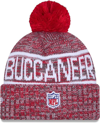 New Era NFL 2025 Sideline Cold Weather Cuffed Knit Hat with Pom (CA/US, Alpha, One Size, Red, Tampa Bay Buccaneers)