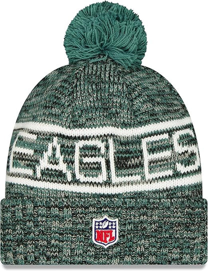 New Era NFL 2025 Sideline Cold Weather Cuffed Knit Hat with Pom (CA/US, Alpha, One Size, Green, Philadelphia Eagles)