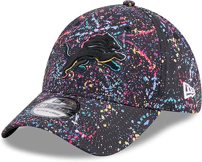 New Era 39THIRTY NFL 2025 Detroit Lions Crucial Catch Intercept Cancer Paint Splatter Stretch Fit Hat - Black (CA/US, Alpha, One Size, Small/Medium, Black)