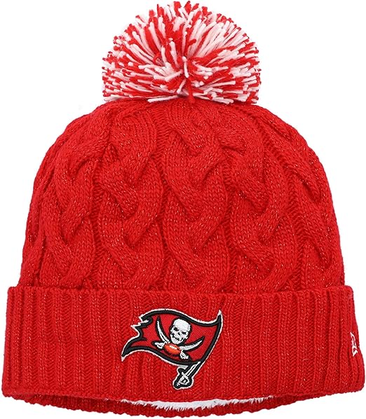 New Era Womens NFL Cozy Cable Cuffed Knit Beanie with Pom (CA/US, Alpha, One Size, Red - Tampa Bay)