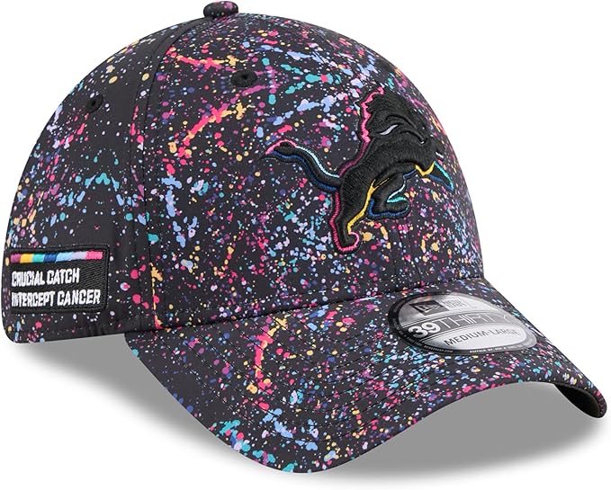 New Era 39THIRTY NFL 2025 Detroit Lions Crucial Catch Intercept Cancer Paint Splatter Stretch Fit Hat - Black (CA/US, Alpha, One Size, Medium/Large, Black)