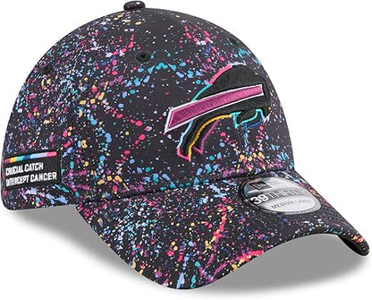 New Era 39THIRTY NFL 2025 Buffalo Bills Crucial Catch Intercept Cancer Paint Splatter Stretch Fit Hat - Black (CA/US, Alpha, One Size, Medium/Large, Black)